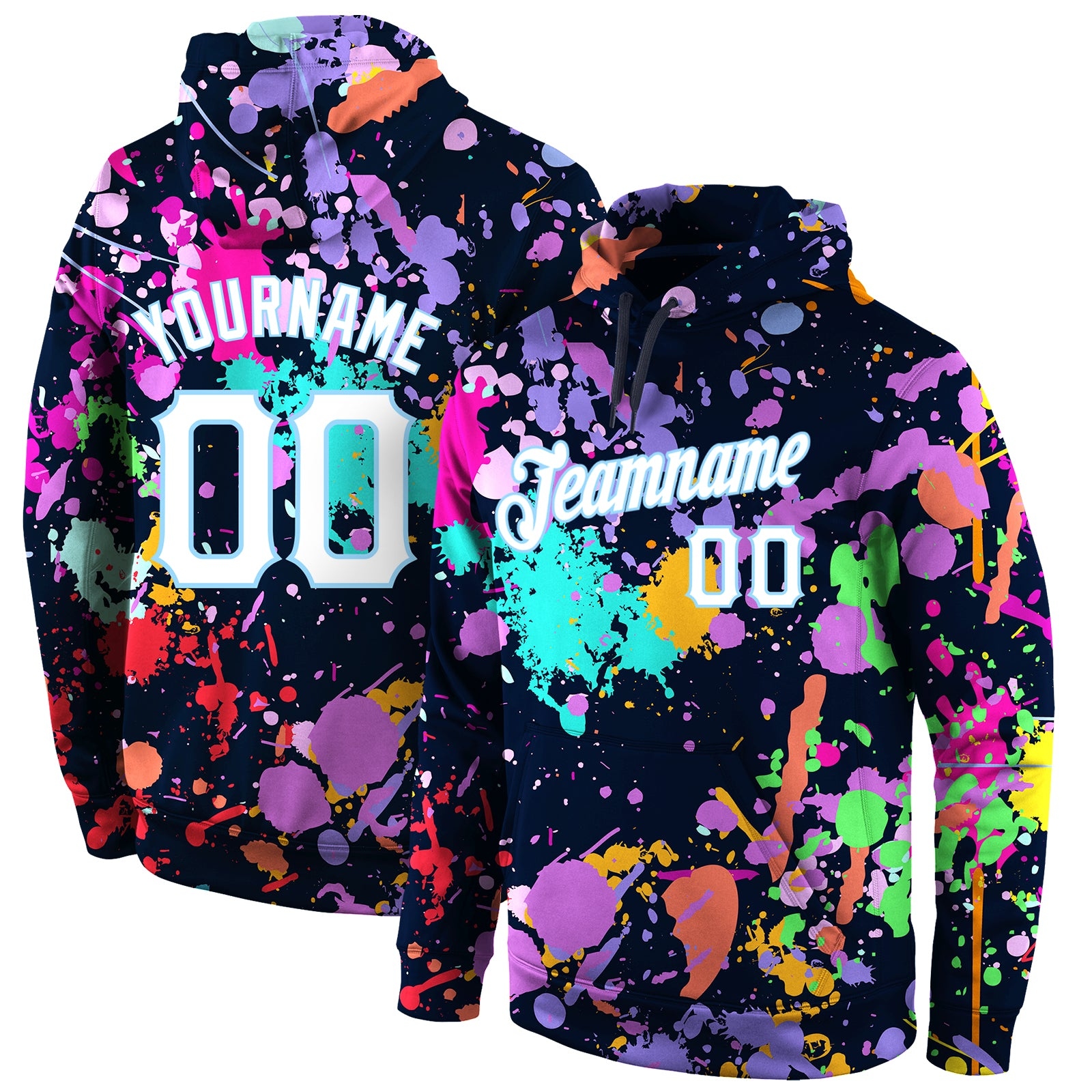 06 Custom Neon Paint Splatter Sublimated Hoodie - Image 1