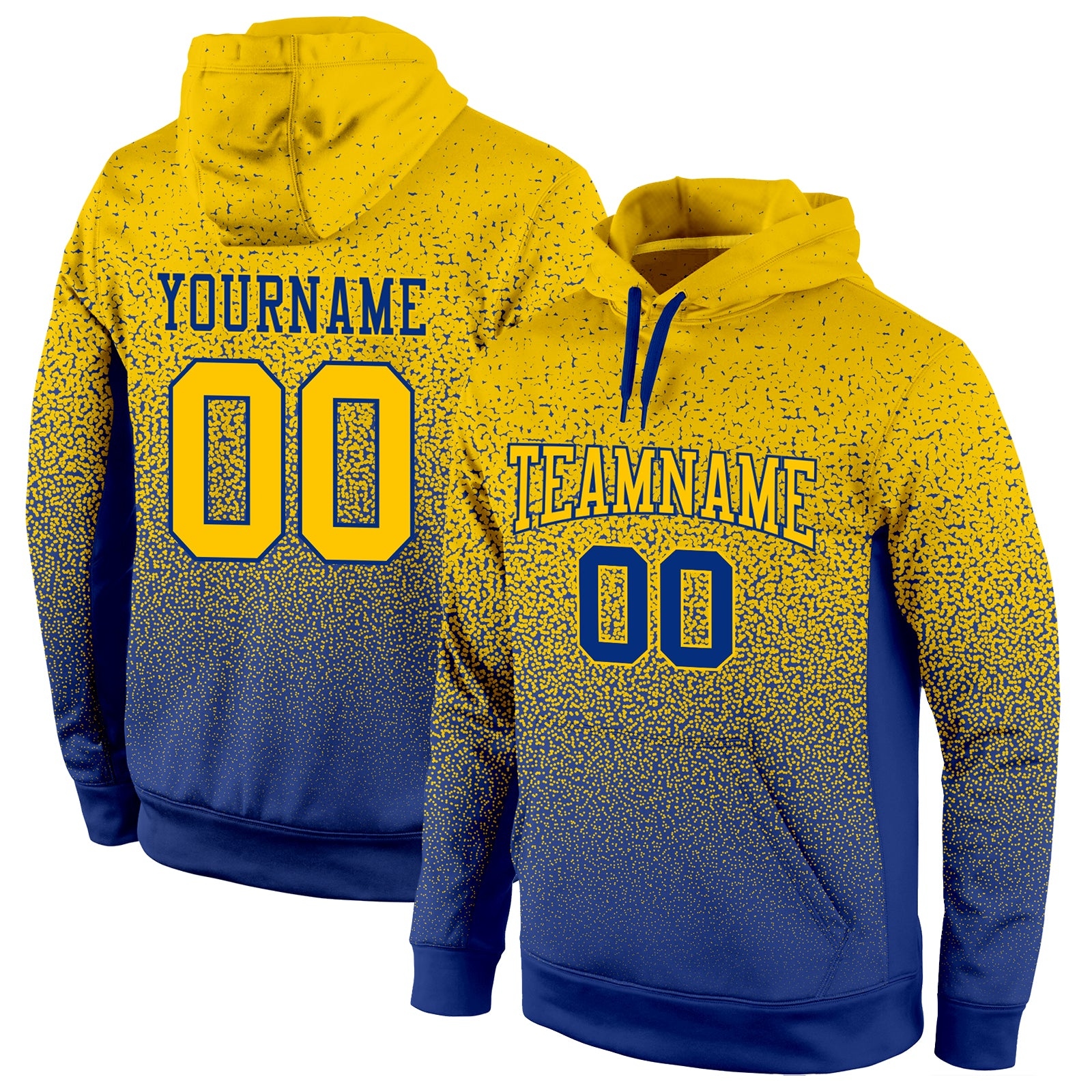 07 Custom Yellow & Royal Blue Ombre Speckle Sublimated Hoodie - Image 1
